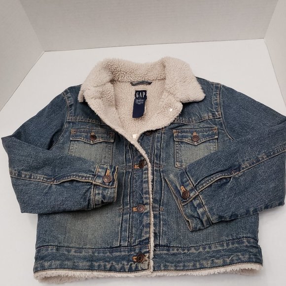New Gap Girls Kid Blue Denim Jeans Sherpa Lined Pockets Jacket 12 XL TG